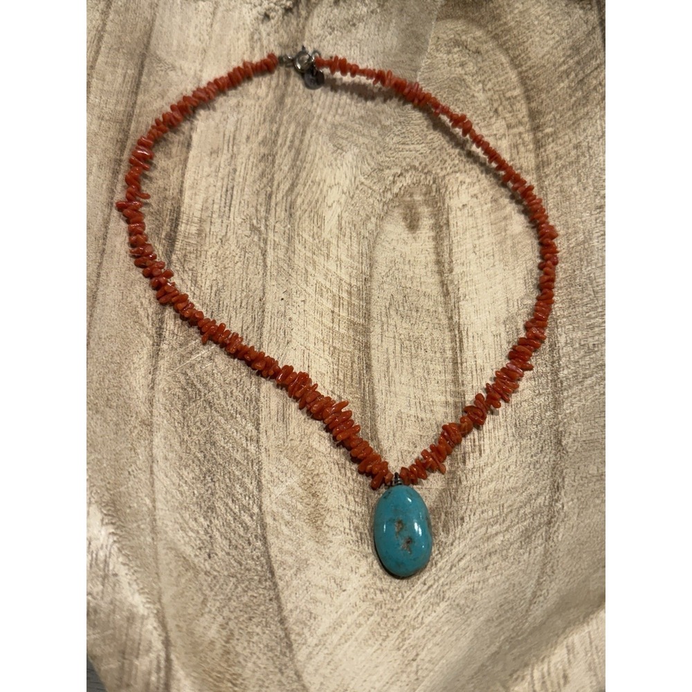 RA Signed Turquoise and Coral Necklace 925 Silver Marked 18"‎